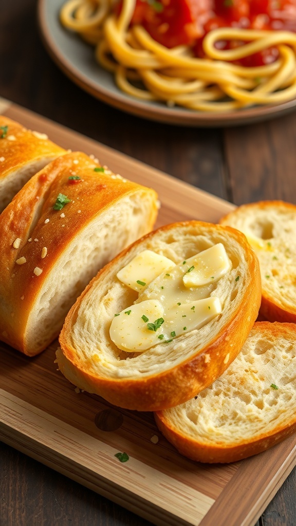 Homemade Garlic Bread Recipe for Spaghetti Sliced garlic bread on a cutting board, garnished with parsley, next to a plate of spaghetti.